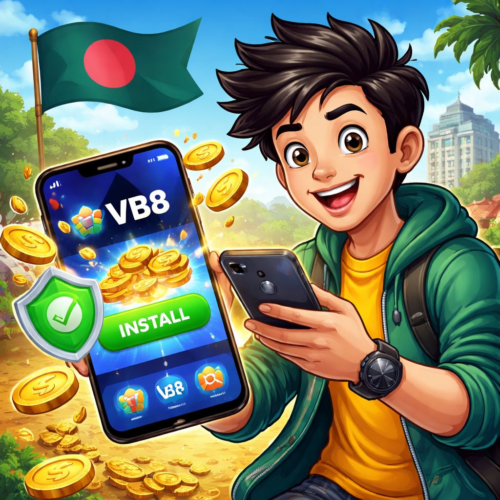 VB8 App cartoon character holding a smartphone with coins and mobile game icons