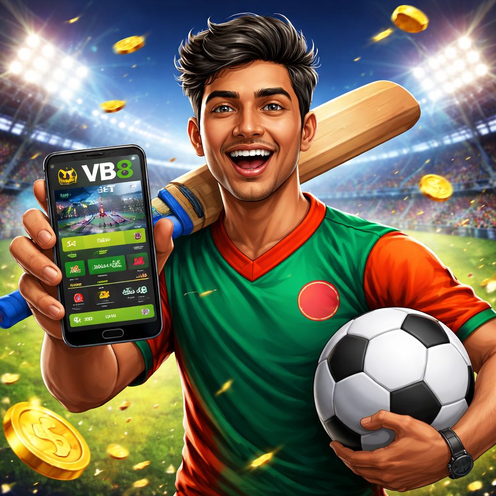 VB8 Bet cartoon sports fan with phone, cricket bat, football, and coins