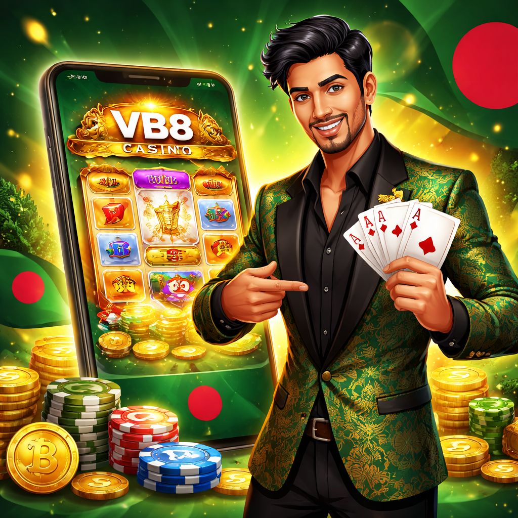 Cartoon casino host presenting VB8 games on a mobile screen with chips and cards