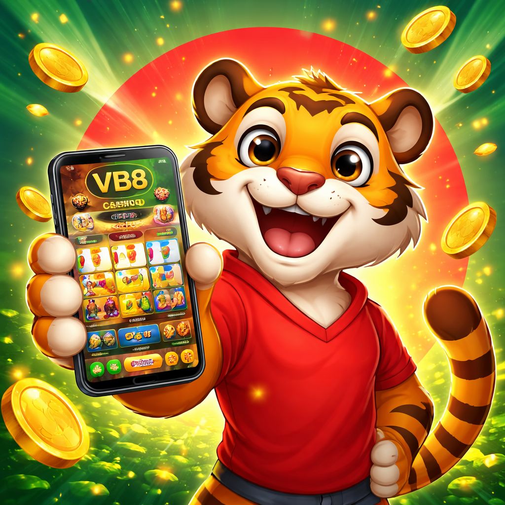 VB8 cartoon mascot holding a smartphone with casino games, coins, and Bangladesh-themed colors