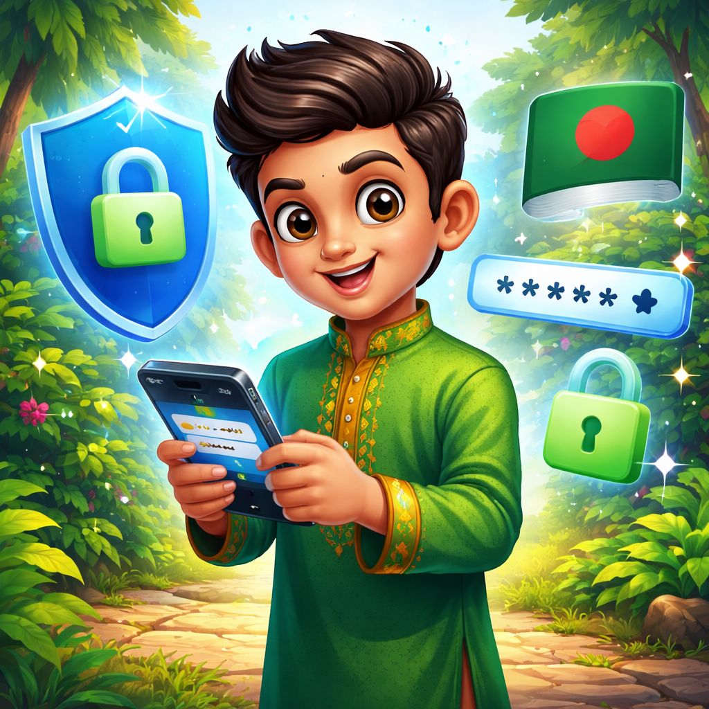 Cartoon VB8 player securely logging in on a smartphone with shield icons