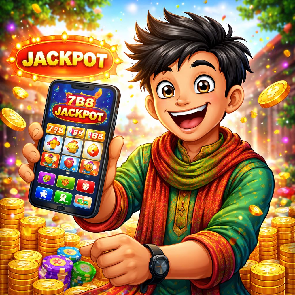 Cartoon slot player celebrating beside colorful reels, coins, and VB8 app screen